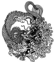 arte del tatuaje dragon china y flor dibujo y boceto en blanco y negro vector