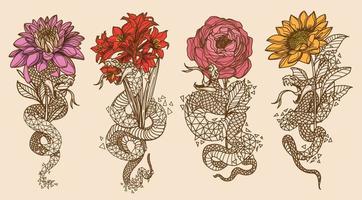 arte del tatuaje serpiente y flor dibujo y boceto color vintage vector