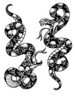 Tattoo art snake and skull pattern drawing and sketch black and white vector