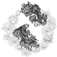 arte del tatuaje pez luchador siamés en dibujo y boceto a mano de loto vector
