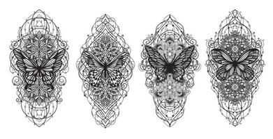 conjunto de arte del tatuaje boceto de mariposa en blanco y negro vector