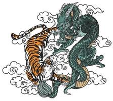 tatuaje arte tigre y dargon dibujo a mano y boceto vector