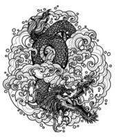 Tattoo art dargon in the tides hand drawing sketch black and white vector