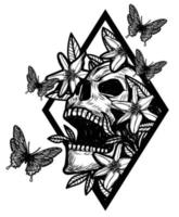 Skull tattoo art with flowers drawing sketch black and white vector