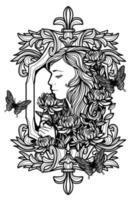 arte del tatuaje mujeres y flores dibujo a mano y boceto en blanco y negro vector