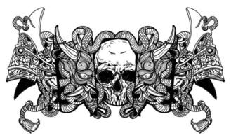 Tattoo art skull devil mask and snake drawing sketch black and white vector
