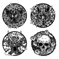 Tattoo art dragon bear wolf skull in flowers drawing and sketch black and white isolated on white background. vector
