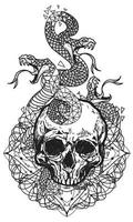 Tattoo art snake and skull pattern drawing and sketch black and white vector