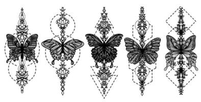 conjunto de arte del tatuaje boceto de mariposa en blanco y negro vector