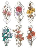tattoo flowers set hand sketch drawing color vintage vector