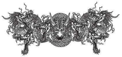 Tattoo art dargon seven heads hand drawing sketch black and white vector
