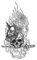 arte del tatuaje gigante tailandés y máscara de diablo patrón de flores literatura boceto de dibujo a mano vector