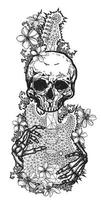 arte del tatuaje boceto de calavera flor y guitarra en blanco y negro vector