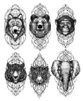 Tattoo art wolf monkey tiger and elephant hand drawing and sketch black and white vector