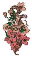 arte del tatuaje serpiente y flor dibujo y boceto color vintage vector