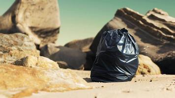 saco de lixo plástico preto cheio de lixo na praia video