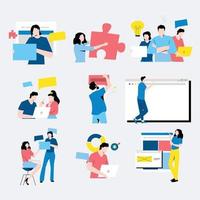 Set of flat design business concept illustrations. Collection of man and woman taking part in business and corporate activities, team work, presentation, dialog, discussion, business meeting vector