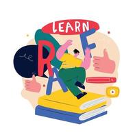 educación, aprendizaje, lectura de un libro ilustración vectorial plana. clases, lecciones, cursos de formación, tutoriales. joven feliz leyendo. biblioteca, concepto de librería para gráficos móviles y web vector