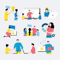 Set of flat design business concept illustrations. Collection of man and woman taking part in business and corporate activities, team work, presentation, dialog, discussion, business meeting vector
