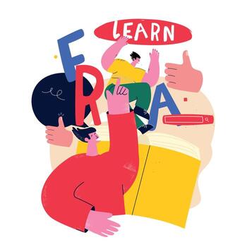 educación, aprendizaje, lectura de un libro ilustración vectorial plana. clases, lecciones, cursos de formación, tutoriales. jóvenes amigos felices leyendo. biblioteca, concepto de librería para gráficos móviles y web vector