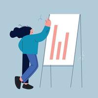 Businesswoman doing flip chart presentation. Office worker presenting financial report, project brief at meeting, workshop, course, lecture concept flat vector illustration