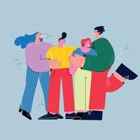 Group of young, cheerful people, cartoon characters, standing and hugging. Happy together family concept. Friends embracing and smiling vector illustration
