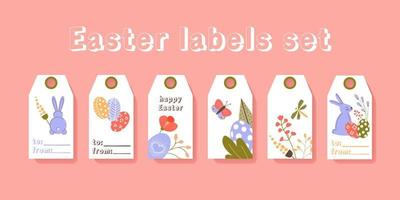 Easter greeting gift labels and tags set with cute bunny, eggs and flowers. Spring holiday template for seasonal wrapping, stickers. Color bright flat vector illustration