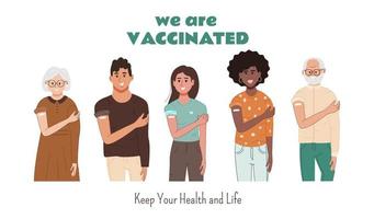 Happy diverse people show shoulder bandage after coronavirus vaccination. Elderly and young women and men were vaccinated. Vaccine concept. Flat vector illustration