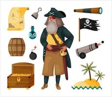 Pirate set with map, wooden barrel, island, spyglass, hook, gun, rum, treasure chest and male character in pirate suit with sward. Bundle of childish piracy items. Cartoon flat vector illustration