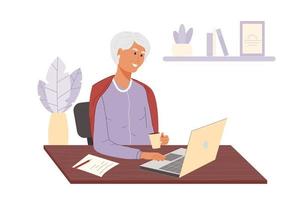 Happy adult woman drinks coffee and using laptop at home. Smiling elderly lady sitting on chair at the table and looking in computer. Flat cartoon vector illustration isolated on white background