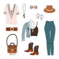 conjunto de ropa y accesorios de estilo bohemio. trajes bohemios. jeans y chaqueta, camiseta, top, sombrero, botas de moda, bolso, anteojos y joyas. ilustración vectorial plana aislada sobre fondo blanco vector