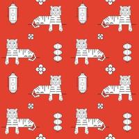 Abstract geometric tiger seamless pattern. Symbol of the Chinese New Year. Lying animal and china lanterns. Vector red texture