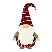 Christmas and New Year cute greeting card. Funny gnome with beard in green cap. Flat cartoon vector illustration