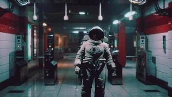 Astronaut at underground metro subway video