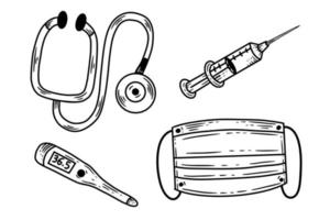 conjunto de herramientas de salud médica termómetro estetoscopio máscara inyector línea arte ilustración vector