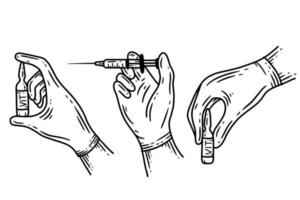 establecer el gesto de la mano del médico con guantes ilustración de arte de línea de hospital vector