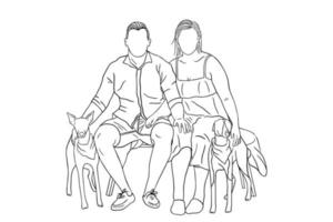 Set Line Art Couple Woman and Men Happy Relationship with dog pet illustration vector