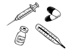 establecer herramientas de salud médica termómetro píldoras inyector vacuna línea arte ilustración vector
