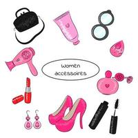Set of fashionable women's bags for cosmetics and accessories, high-heeled shoes, lipstick, perfume, earrings, mascara sponge, mirror, hair dryer, cream, trendy doodle style for decorating textile