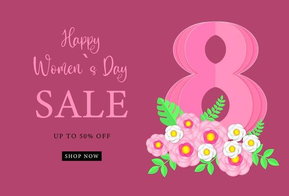 Sale, Discount, March 8, Paper Cut Flowers, Baner Design Concept, for International Women's Day, Holiday Greeting Card, Flyer