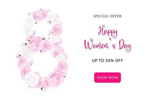 banner de venta con peonías realistas para el 8 de marzo hermosa tarjeta de felicitación banner diseño realista día internacional de la mujer texto editable descuentos promocionales ilustración vectorial vector