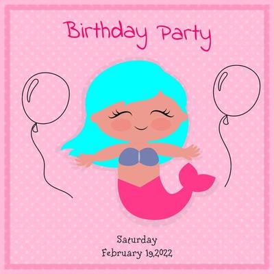 Cute Little Mermaid Birthday Card, Our Little Mermaid, Party Invitation Template, Fishtail Flat Style, Bright Holiday Card Decoration