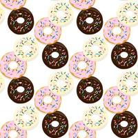 Vector  seamless pattern illustration of donuts in chocolate, pink and light glaze on a white background.