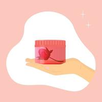 manos femeninas sosteniendo un frasco de un producto cosmético. vector