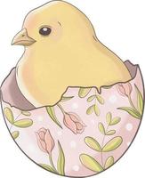 lindo pollito amarillo de pascua con huevo vector