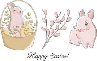 Cute easter clipart set with plant and pink bunny vector