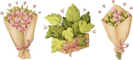 lindo lápiz dibujado rosa flores y plantas conjunto de imágenes prediseñadas vector