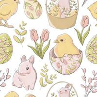 Cute easter seamless pattern with chick, bunny, eggs and flowers vector