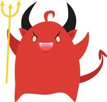 Vector illustration of cute little red devil standing with pitchfork on white background