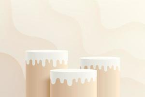 Realistic beige and white 3D cylinder stand or podium set with wavy layers abstract scene. Pastel minimal scene for products showcase, promotion display. Stage for showcase. Vector geometric platform.